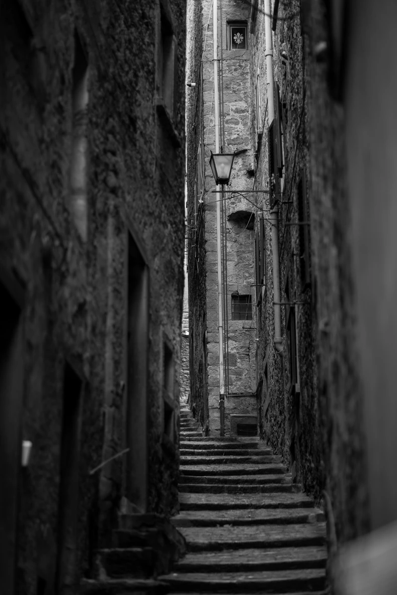Black & white photo of a narrow stone staircase