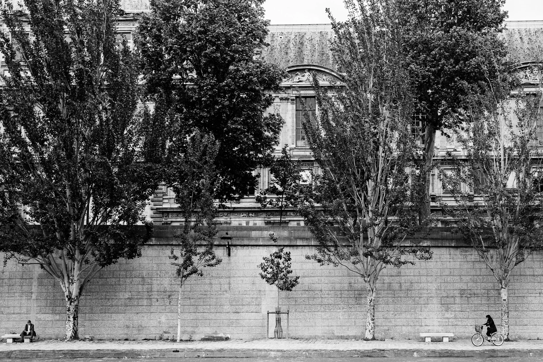 Black & white photo of a stone wall with trees and a building in the background