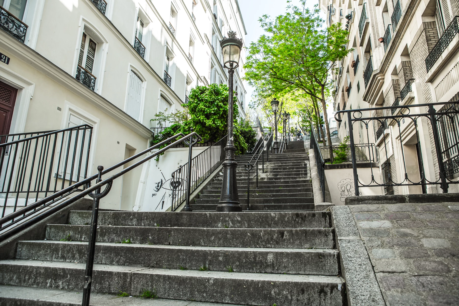 Colour photo of a stone staircase between buildings