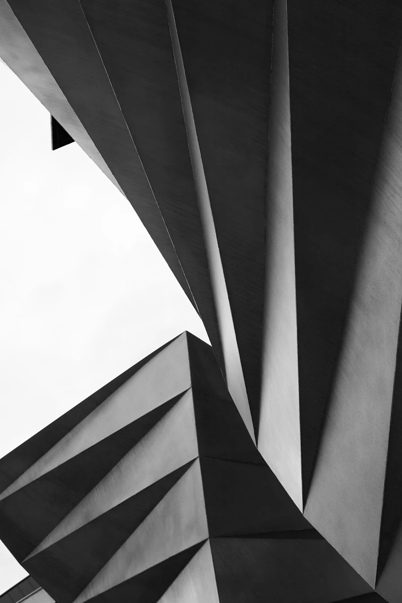 Black & white photo of a close-up of a building