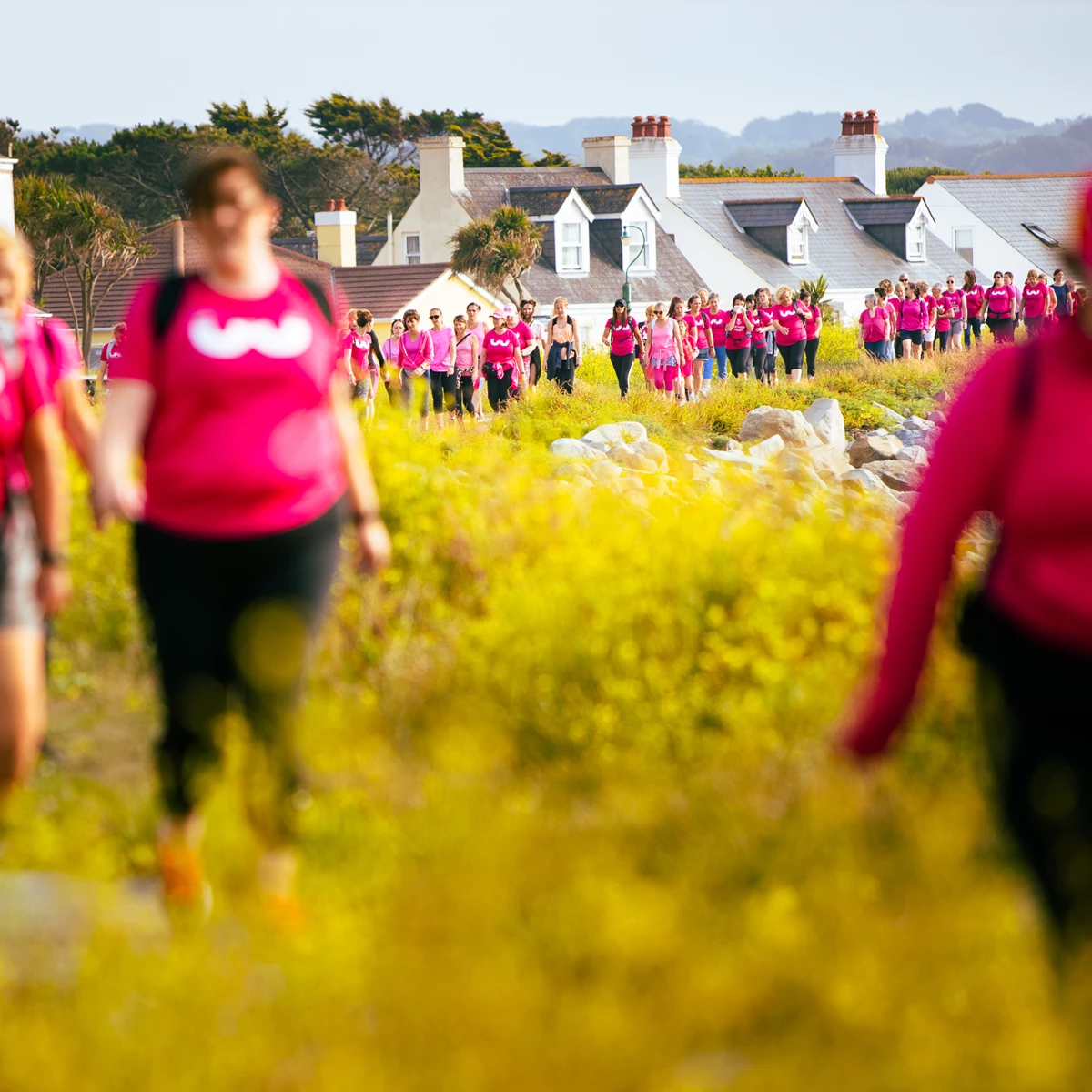 Colour photo of a group of people running in a field