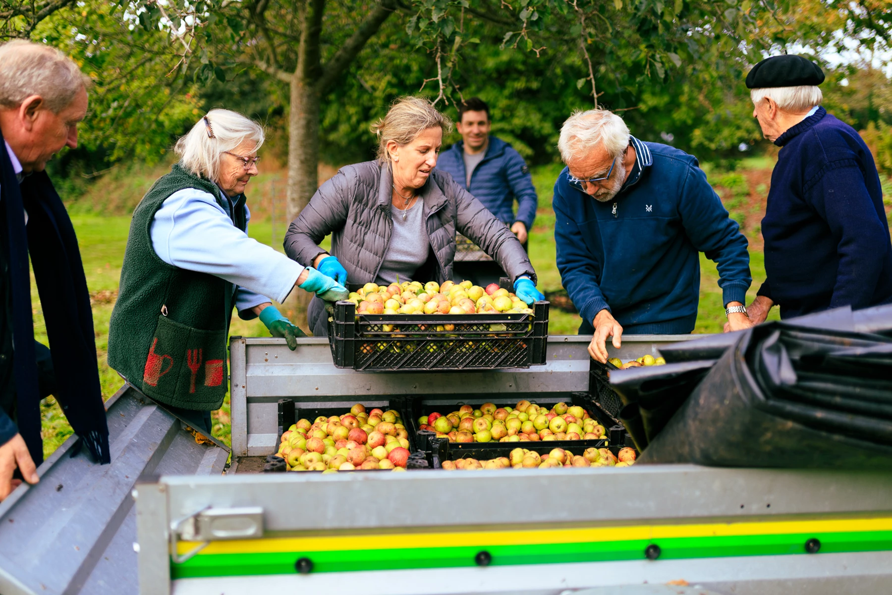 Colour photo of a group of people standing around a fruit stand